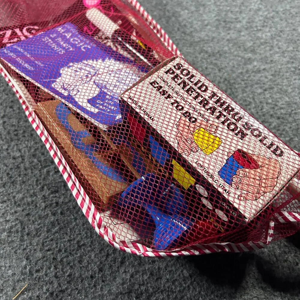 Vintage Mesh Stocking‎ Filled Opened with Magic Toys Christmas